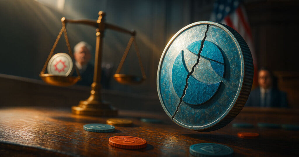 Cracked Terra (LUNA) coin hovering in a courtroom beside scales of justice, symbolizing Do Kwon’s trial verdict and the harsh truth test facing algorithmic tokens and crypto projects under regulatory scrutiny.