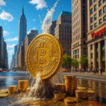 A giant golden Bitcoin coin erupts like a fountain in the middle of a busy New York City street near the Vanguard building, symbolizing how Vanguard’s new crypto ETF access could unlock major growth and capital inflows across the digital asset sector.