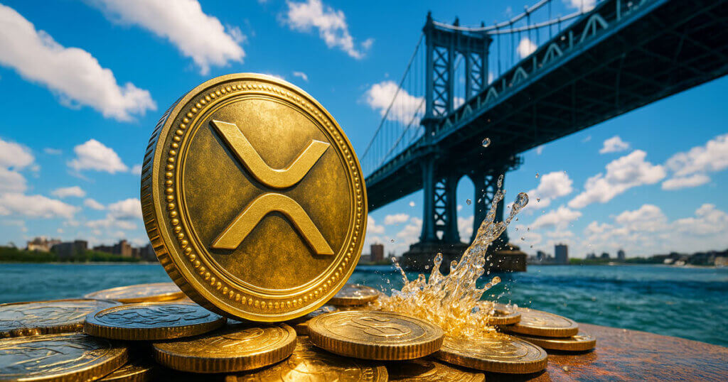 Large golden XRP coin stacked by the water under a suspension bridge with a dramatic splash, symbolizing XRP wrappers injecting $1.5 billion liquidity while adding hidden cross-chain bridge risk.