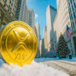 A large golden XRP coin standing in the snow on Wall Street with Christmas decorations and U.S. flags, symbolizing how XRP became the top crypto ETF trade despite its price sliding toward $2