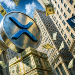 A giant metallic XRP coin stands on a towering stack of dollar bills on Wall Street as cash rains down, illustrating massive capital inflows as the XRP ETF nears $1 billion in assets.