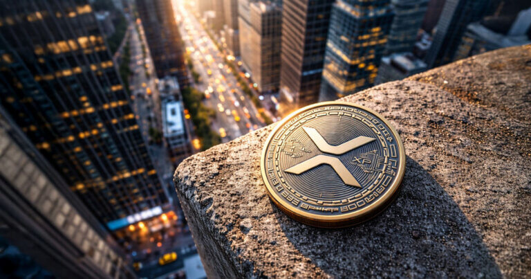 A large XRP coin rests on a high-rise ledge overlooking a busy cityscape at sunset, symbolizing XRP’s surge as the best-performing institutional crypto asset in late 2025.