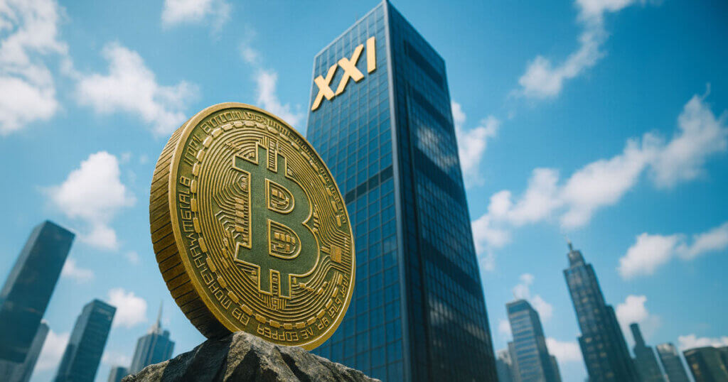 A large Bitcoin coin in the foreground with an “XXI” skyscraper behind it under a bright city skyline, illustrating XXI’s plan to go public with a $4B Bitcoin treasury.