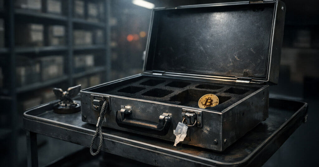 Open evidence case with a single Bitcoin coin left inside, set in a government storage room, illustrating how mishandled custody led to a $40 million crypto loss