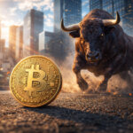 A powerful bull charges through a cityscape toward a glowing Bitcoin coin, symbolizing rising market momentum and why Bitcoin’s price may be primed for a major bull run.