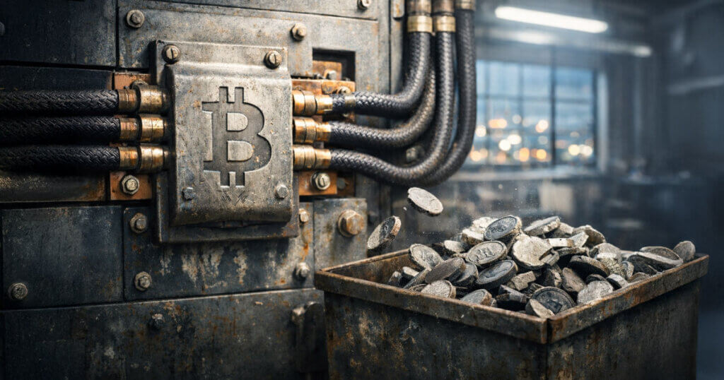 An industrial machine stamped with a Bitcoin symbol crushes piles of failed coins, illustrating how most launches collapse despite claims anyone can create a token