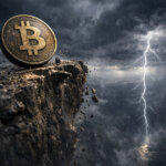 Bitcoin coin teetering on a cliff under storm clouds and lightning, symbolizing Fed meeting risk on Jan. 28 and timing windows that could punish late traders