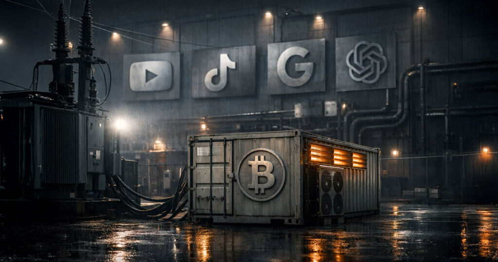 A Bitcoin mining container glows beside industrial power lines while icons for social media, streaming and AI loom overhead, highlighting Bitcoin’s lower energy footprint