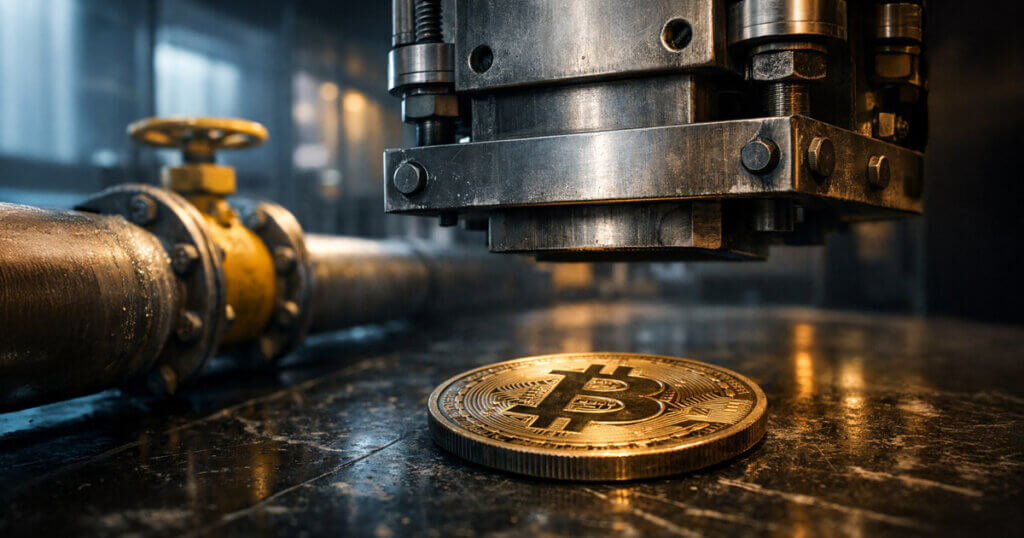 Bitcoin coin sits beneath an industrial press beside gas pipes, showing how market structure and liquidity—not fuel costs—could transmit today’s gas shock to BTC prices