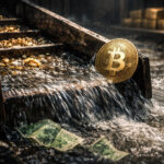 Bitcoin coin caught at the edge of a rushing stream with gold nuggets and sinking dollar bills, illustrating the debate over Bitcoin following gold or falling into risk-off after a dollar plunge