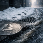 Bitcoin coin embedded in an icy city street drain as meltwater rushes past, symbolizing a sharp $1.3 billion outflow that stalled Bitcoin’s $125K rally momentum