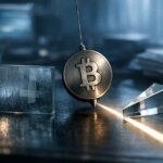 A Bitcoin coin acting as a pendulum refracts a beam of light through glass prisms on a desk, symbolizing how BTC reacts first to shifting real yields amid noisy PCE inflation data
