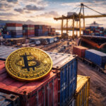 A large Bitcoin coin on stacked shipping containers at a busy port as cargo moves in the background, reflecting market tension ahead of Monday’s 2026 PMI release.