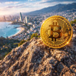 A glowing Bitcoin coin sits on a rocky cliff overlooking a coastal city at sunset, symbolizing the surge in crypto markets as Bitcoin climbs back above $94,000.