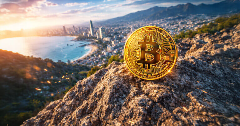 A glowing Bitcoin coin sits on a rocky cliff overlooking a coastal city at sunset, symbolizing the surge in crypto markets as Bitcoin climbs back above $94,000.