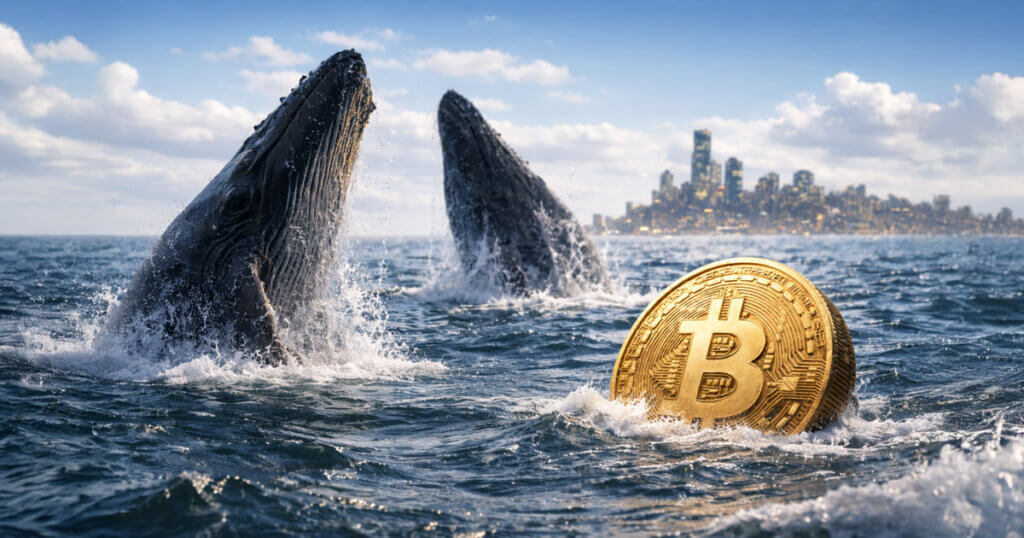 Two whales breach near a floating Bitcoin coin off a city skyline, symbolizing whale activity that once drove BTC to new highs as data now points to near-term volatility