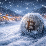 A Bitcoin coin sits half-buried in heavy snowfall, symbolizing cooling market sentiment as the asset records a $1.2B net outflow during the holiday season.