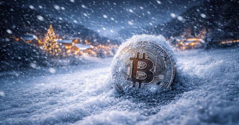 A Bitcoin coin sits half-buried in heavy snowfall, symbolizing cooling market sentiment as the asset records a $1.2B net outflow during the holiday season.