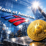 A Bitcoin coin in front of the Bank of America tower, highlighting the bank’s move to offer Bitcoin access and why the shift signals growing institutional adoption.