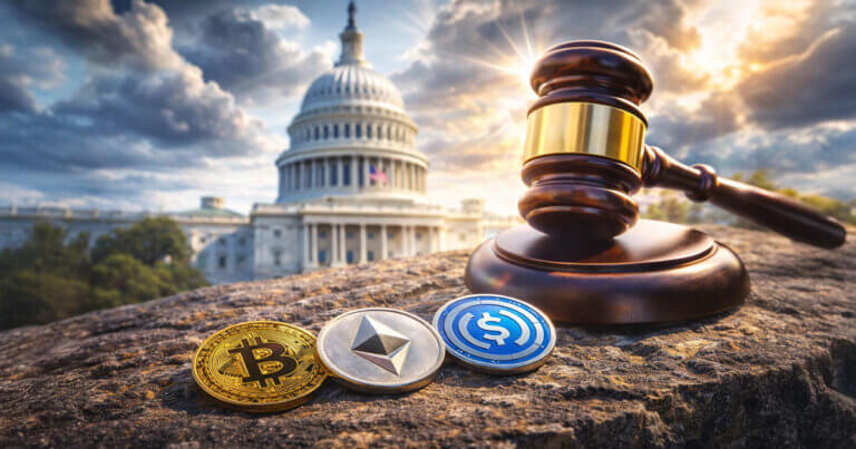 Bitcoin, Ethereum, and USDC coins beside a judge’s gavel in front of the U.S. Capitol, illustrating the CLARITY Act’s January markup and remaining regulatory uncertainties.