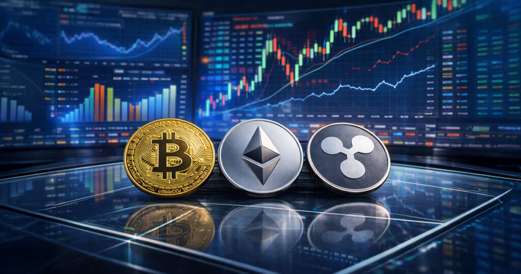 Bitcoin, Ethereum, and XRP coins displayed in front of glowing market charts, illustrating key trends and data visuals that defined the crypto landscape in 2025.
