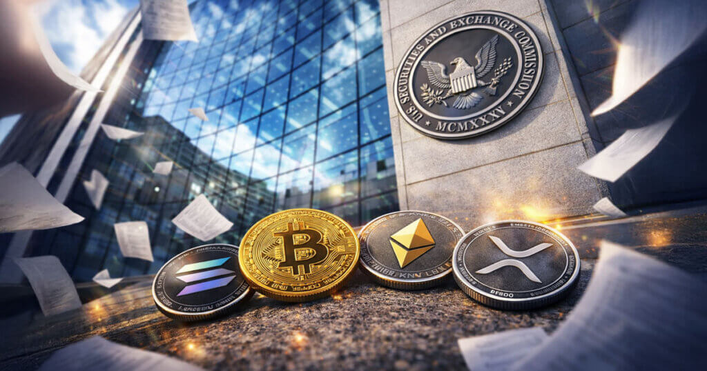Crypto coins including Solana, Bitcoin, Ethereum, and XRP sit outside the SEC building as filings scatter in the air, illustrating why new ETF applications no longer move markets.