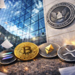 Crypto coins including Solana, Bitcoin, Ethereum, and XRP sit outside the SEC building as filings scatter in the air, illustrating why new ETF applications no longer move markets.