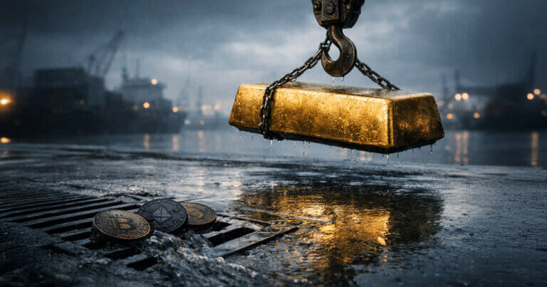 A heavy gold bar lifted by a crane above a rain-soaked dock, with Bitcoin and Ethereum coins left near a drain, illustrating crypto whales shifting to gold amid market weakness