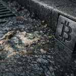 A rain-soaked street shows a decaying US dollar bill washing toward a drain beside a fixed Bitcoin symbol, illustrating dollar erosion versus Bitcoin resilience