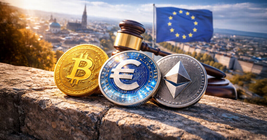 Euro, Bitcoin, and Ethereum coins displayed beside a judge’s gavel and the EU flag, reflecting rising euro stablecoin adoption and shifting crypto liquidity in Europe.