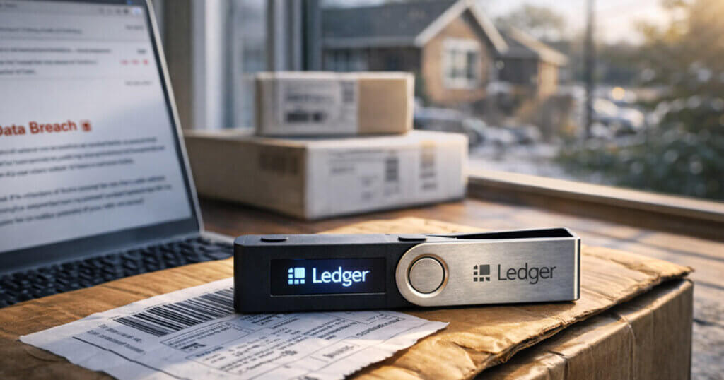 A Ledger hardware wallet sits on a shipped package beside a laptop showing a data breach notice, underscoring how the Global-e incident exposes risks in crypto commerce systems.