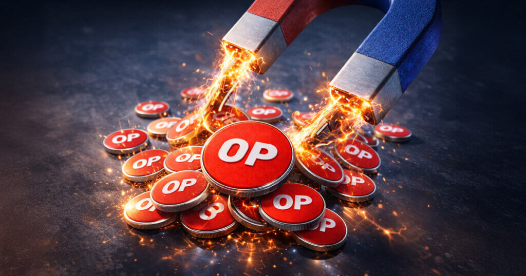 Magnets pulling OP tokens into a central stack, visualizing token buybacks, demand concentration, and how market metrics can signal potential price impact