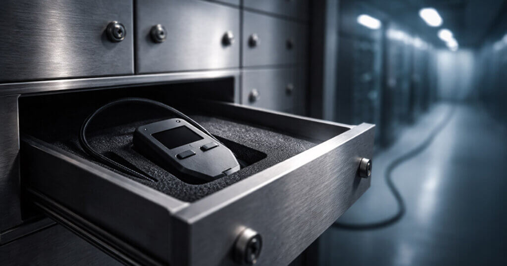 A hardware crypto wallet secured in a steel drawer inside a data center vault, symbolizing self-custody evolving from a retail practice into institutional infrastructure