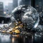 Shattered glass globe spilling Bitcoin and coins across a boardroom table, capturing a synchronized global market crash where stocks and crypto sell off together