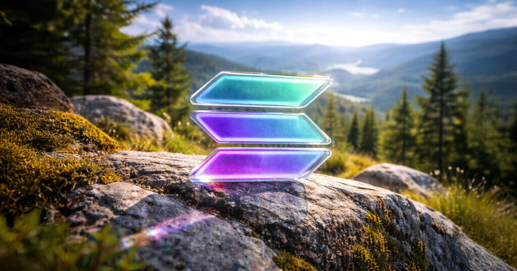 Solana’s glowing tri-color symbol displayed on a sunlit mountain ridge, reflecting how the Solana ecosystem thrived in 2025 despite ongoing price challenges.