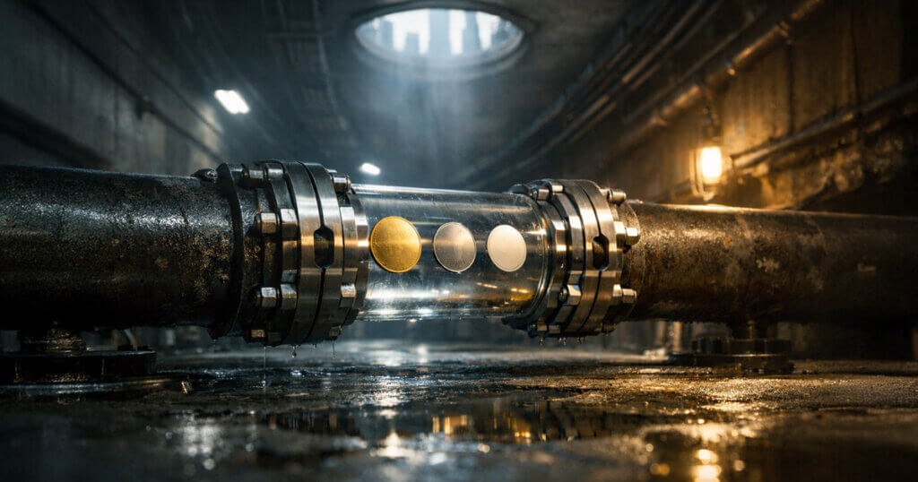 Transparent pipeline showing coins moving instantly through connected valves in an industrial tunnel, symbolizing T+0 settlement enabling real-time clearing for tokenized securities