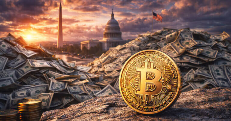 A Bitcoin coin stands before massive piles of US dollar bills with the Capitol and Washington Monument at sunset, illustrating why rising national debt matters for crypto traders.