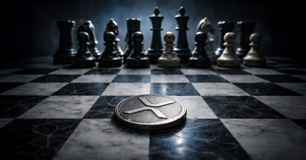 XRP coin sits alone on a chessboard facing opposing pieces, symbolizing strong profits masking deeper age-band risks as market positioning turns more complex