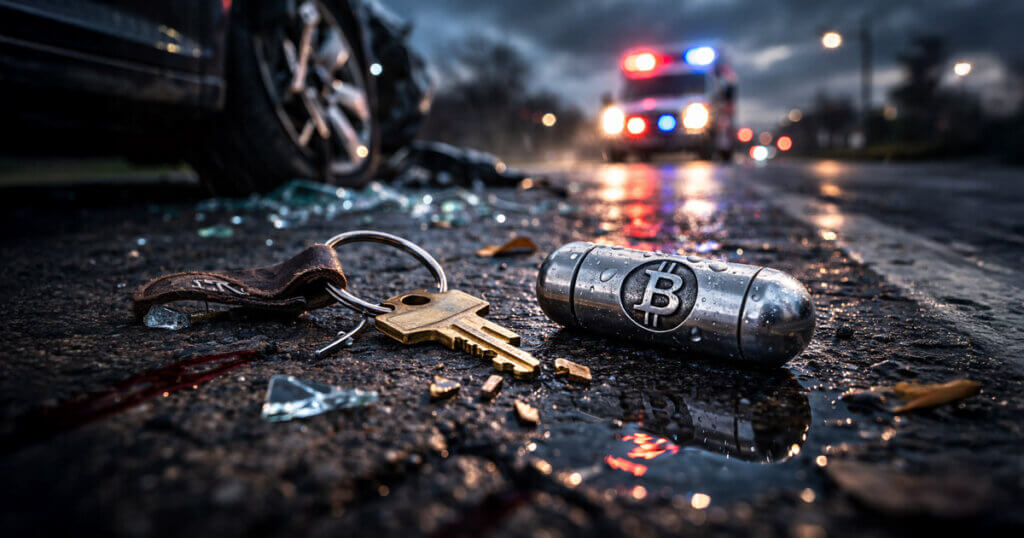 Car keys and a Bitcoin-engraved capsule lying on a wet road near a crash scene with police lights, symbolizing the Bitcoin inheritance crisis and the risk families face of permanent wallet lockout after an accident