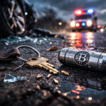 Car keys and a Bitcoin-engraved capsule lying on a wet road near a crash scene with police lights, symbolizing the Bitcoin inheritance crisis and the risk families face of permanent wallet lockout after an accident
