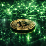 Bitcoin coin glowing against a green AI network backdrop, reflecting a rally tied to Nvidia’s strong quarter and the heightened tech beta risk if the next AI scare impacts markets