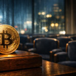 Bitcoin coin displayed on a courtroom-style pedestal in an empty chamber, symbolizing the $3.8 billion question of who will buy Bitcoin after five straight weeks of ETF outflows