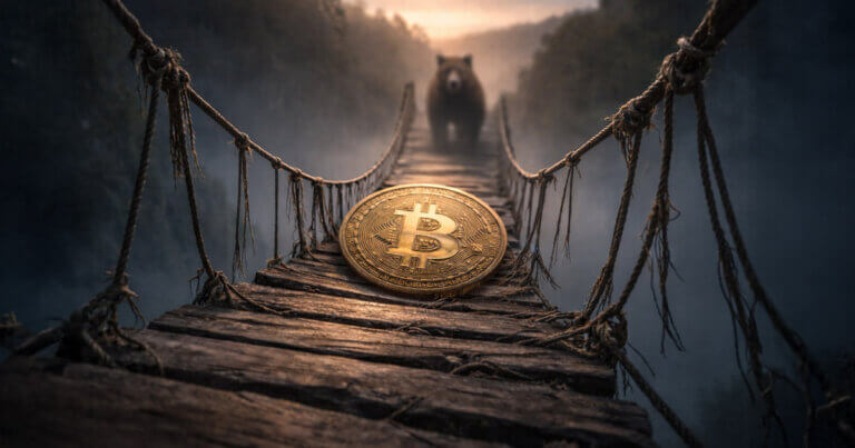 Bitcoin coin resting on a fragile rope bridge over a deep valley, symbolizing record oversold weekly conditions and lingering downside risk despite extreme market stress
