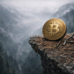 Bitcoin coin teetering on a cliff edge above a foggy valley, symbolizing market pressure as ETF outflows push BTC toward a fifth straight monthly loss and the $58,000 level
