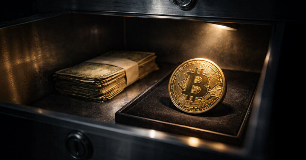 Bitcoin coin and stacks of cash inside a safe, illustrating how Bitcoin outperformed holding cash over three years.