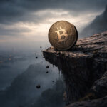 Bitcoin coin perched on a crumbling cliff edge above a dark cityscape, symbolizing downside risk and a potential drop below $30,000 in 2027