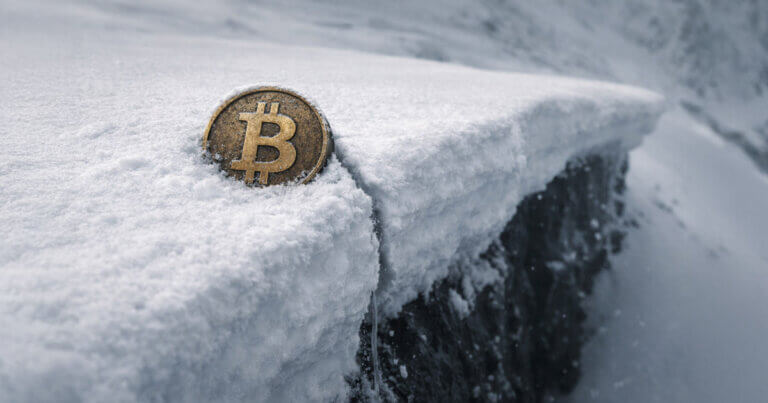 Bitcoin coin perched on a snowy cliff edge, symbolizing BTC holding the $62,000 support level as spot ETF flows turn positive while downside risk looms if the floor breaks