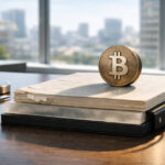 Bitcoin coin resting on a stack of economic reports in an office overlooking the city, reflecting how BTC trades alongside jobs data, CPI, and interest rate expectations