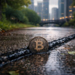 Bitcoin coin lodged in a narrow crack along a rain-soaked city pavement, symbolizing the end of the Bitcoin CME gap and the potential closure of historic price gaps in May