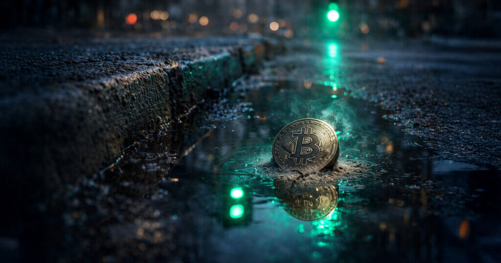Bitcoin coin resting in a rain puddle by a street curb, reflecting green traffic lights—risk-on macro signal hinting at a Bitcoin rebound